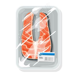 切好的大西洋三文鱼，银鳕鱼，粉红驼峰，小狗狗或奇努克国王是在塑料托盘包裹保鲜膜。腌制、生的或熏制的红鱼的储存、保存。模型样机。