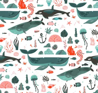 手绘抽象卡通图形夏季水下海底插图无缝模式与珊瑚礁，鲸鱼，虎鲸孤立的白色背景。
