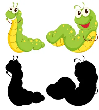 一套昆虫卡通人物及其在白色背景上的剪影