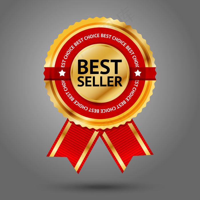 优质的金色和红色畅销书标签文字围绕它。在灰色背景上孤立