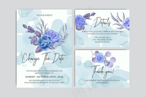手绘鲜花延期婚礼请柬模板