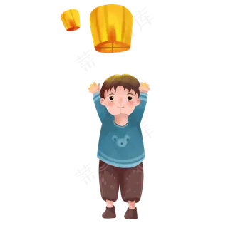 中秋节小男孩放孔明灯PNG素材