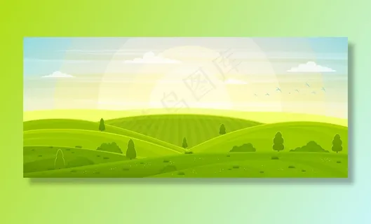 阳光明媚的乡村景观，黎明时有山丘和田野。夏日青山、草地和田野，蓝天白云。