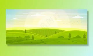 阳光明媚的乡村景观，黎明时有山丘和田野。夏日青山、草地和田野，蓝天白云。