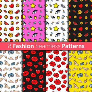 时尚无缝图案套装。复古漫画风格的心形、嘴唇、眼睛、星星和表情符号时尚背景