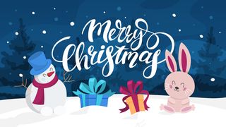 可爱有趣的圣诞明信片装饰。以森林为背景的贺卡圣诞快乐。雪人和兔子。美丽的。卡通插画