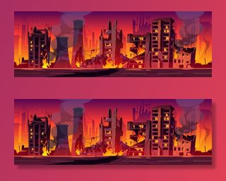 城市在火灾中，战争摧毁了烧毁的破建筑