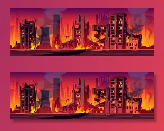 城市在火灾中，战争摧毁了烧毁的破建筑