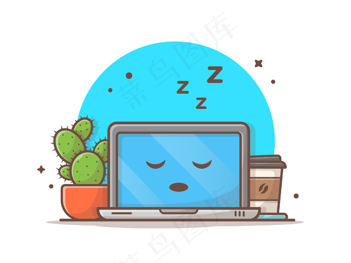 带仙人掌和咖啡图标的睡眠笔记本电脑