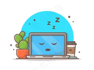 带仙人掌和咖啡图标的睡眠笔记本电脑