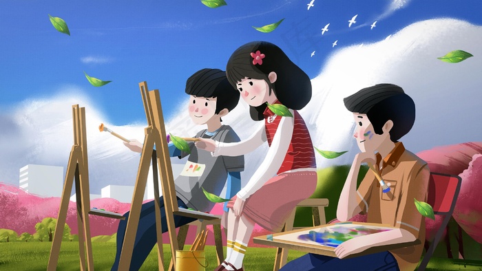 三个孩子在户外学画画(2880X1620(DPI:300))psd模版下载