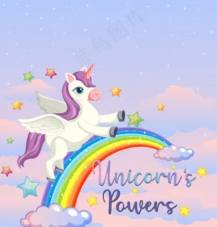 在柔和的天空背景下有可爱的独角兽的空白横幅banner