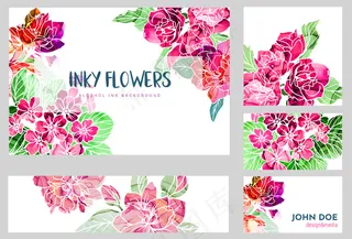 一套五张名片，用酒精墨水质地的手绘花卉装饰