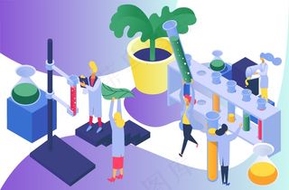 科学研究与植物，矢量图。扁平的小科学家小组在实验室使用试管，用叶子进行化学实验。用科学设备进行生物学分析，烧瓶。