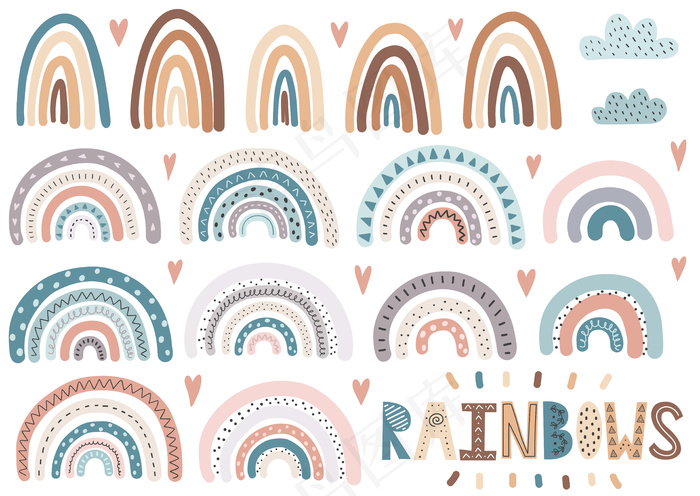 可爱的彩虹，云，心形收藏。孤立元素集