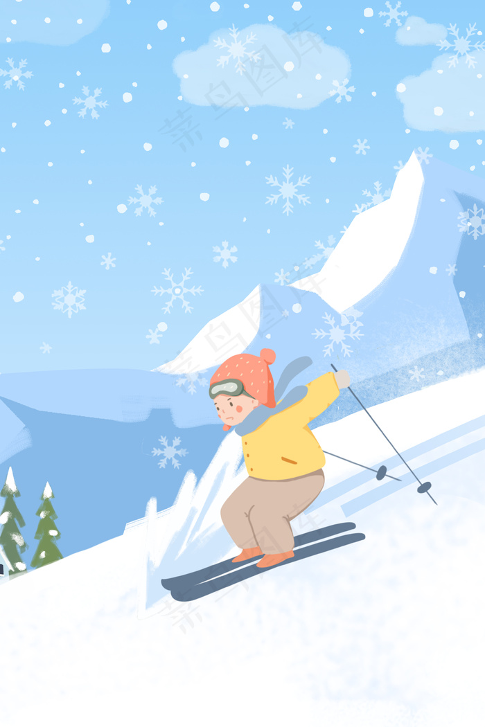 滑雪白色卡通手绘下雪背景