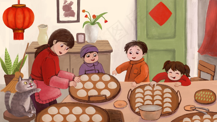 过年场景  新年快乐  过年了  包饺子(2880*1620px 300 dpi )psd模版下载