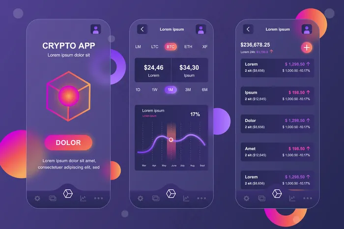 Cryptocurrency glassmorphic design neumorphic elements kit for mobile app ui ux gui屏幕集eps,ai矢量模版下载