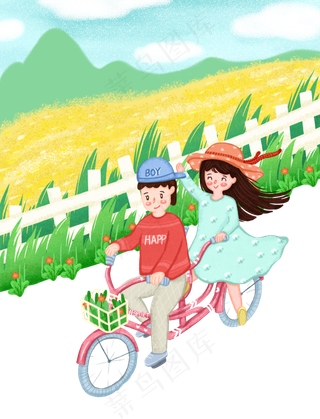 手绘卡通麦田边骑车的孩子们免扣