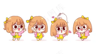 不同姿势的少女卡通插画