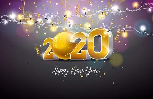 2020年新年快乐插画与三维黄金数字,圣诞球和灯光花环在黑暗的背景。 2020年新年快乐插画与三维黄金数字,圣诞球和灯光花环在黑暗的背景。