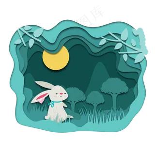 手绘卡通绿色风景白兔元素