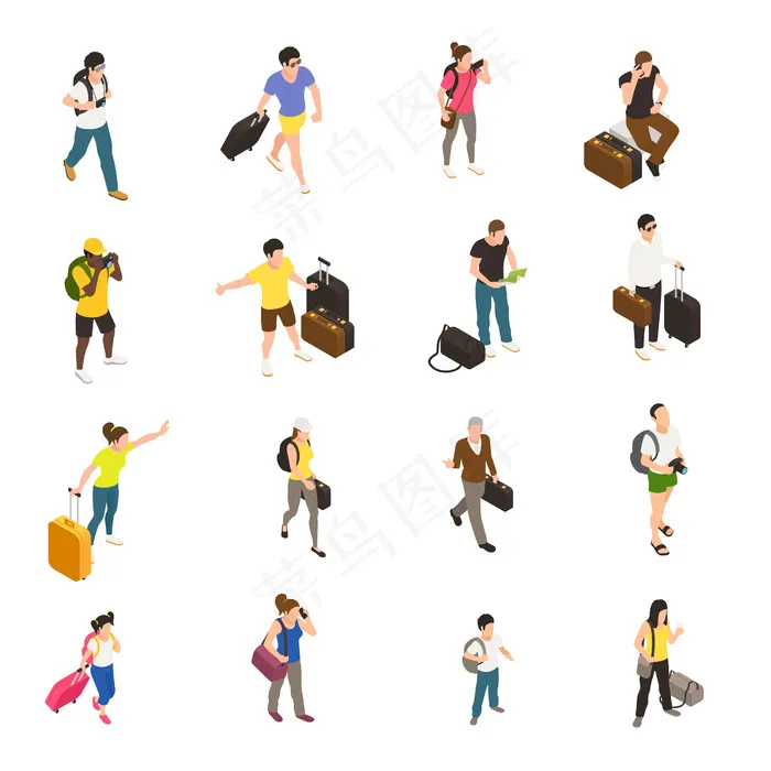 带着行李和小玩意的人在旅途中会在白色屏幕上设置一组等距图标eps,ai矢量模版下载