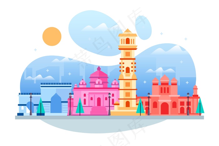 彩色艾哈迈达巴德天际线插图eps,ai矢量模版下载