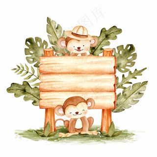 可爱的猴子木标志模板水彩插图