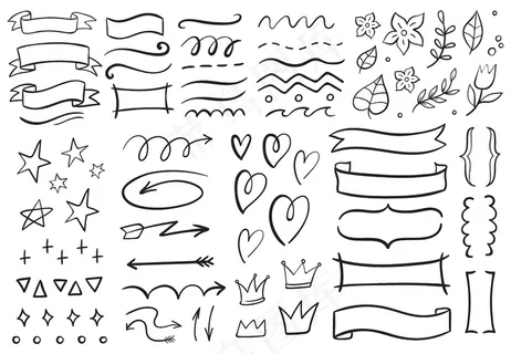 复古装饰涂鸦。手绘丝带，轮廓箭头和涂鸦节日卡装饰集