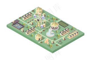 游乐园等距图、旋转木马和马戏团娱乐插图