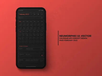 日历手机app移动应用2022年2月概念用户界面设计黑暗版