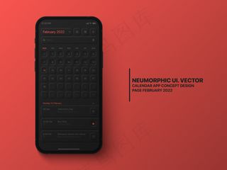 日历手机app移动应用2022年2月概念用户界面设计黑暗版