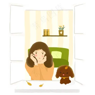手绘秋天女孩趴在窗边和狗狗对望
