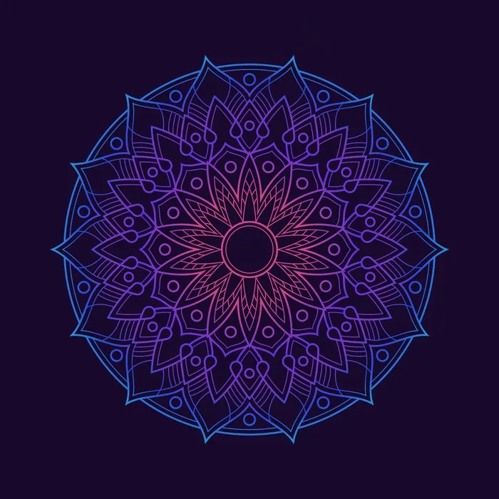 渐变彩色曼陀罗图案背景壁纸。霓虹色花朵图案。阿拉伯花纹织物纺织品。