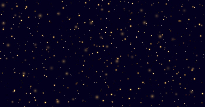 黄色在深蓝色的背景下闪闪发光，萤火虫在夜晚飞翔。金色星尘光效果。抽象的夜空背景。