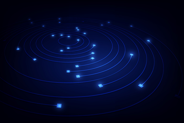 蓝色灯光概念中的区块链网络圆环运动线，