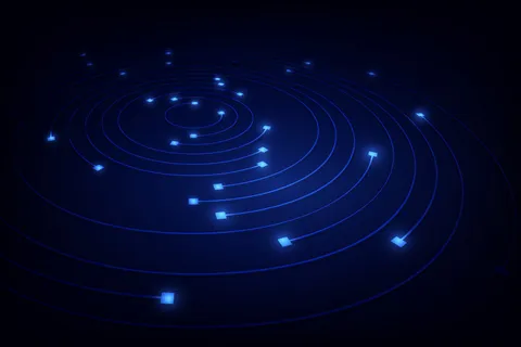 蓝色灯光概念中的区块链网络圆环运动线，