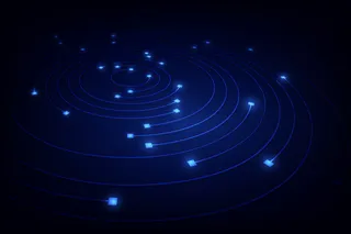 蓝色灯光概念中的区块链网络圆环运动线，