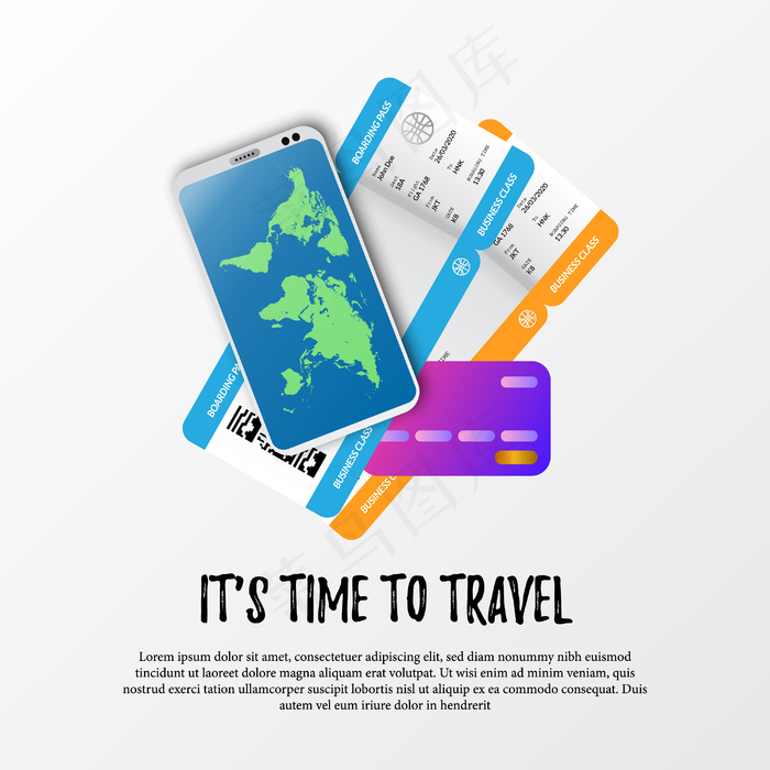 是时候旅行了。登机牌、机票、带世界地图的智能手机和用于支付的信用卡的插图eps,ai矢量模版下载