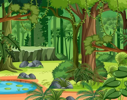 有藤本植物和许多树木的丛林场景