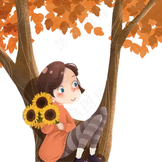 卡通女孩在树上