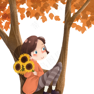 卡通女孩在树上