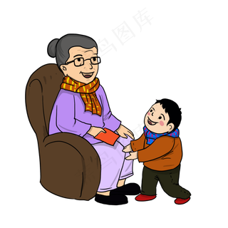 重阳节坐在沙发上的奶奶和孙子