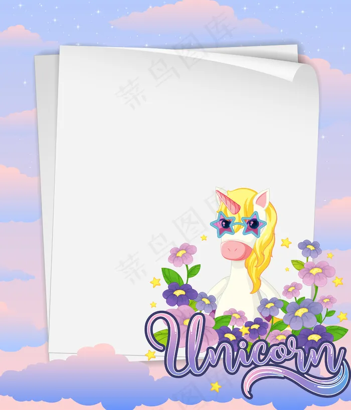 白纸横幅banner与可爱的独角兽在柔和的天空背景eps,ai矢量模版下载