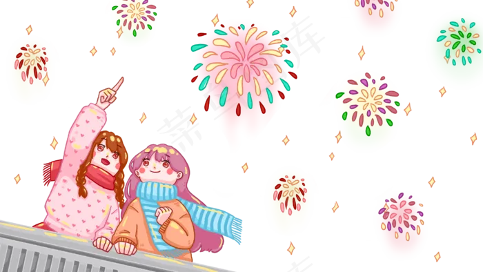 元旦夜晚看烟火的姐妹两个(2880X1620(DPI:300))psd模版下载