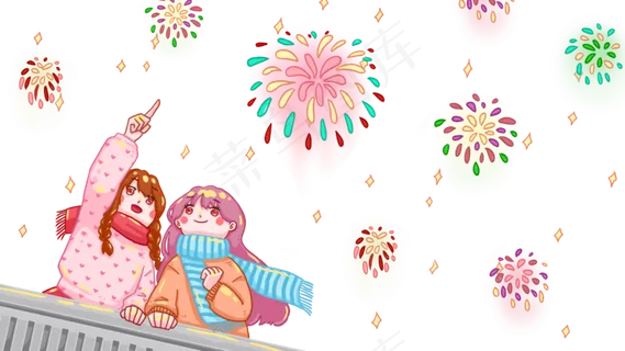 元旦夜晚看烟火的姐妹两个
