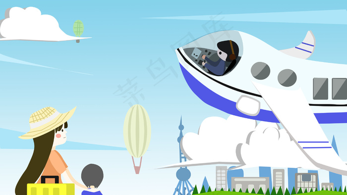 女孩小朋友拿行李坐飞机出行旅游蓝色系图(2880*1620px 300 dpi )psd模版下载