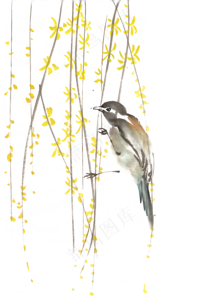 柳枝上的鸟水墨画PNG免抠素材(4724*7087px 300 dpi )psd模版下载