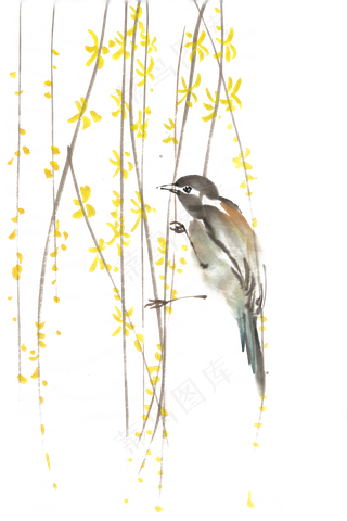 柳枝上的鸟水墨画PNG免抠素材